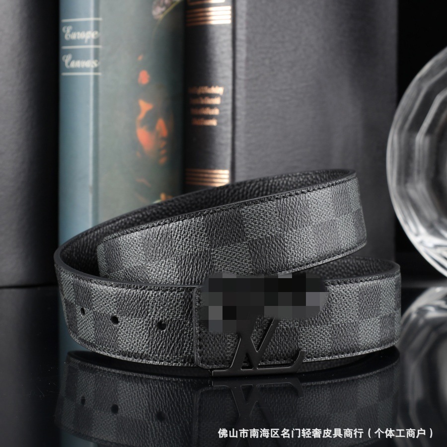 跨境男士真皮腰带网红格子纹3.8打孔牛皮皮带高端休闲商务裤腰带