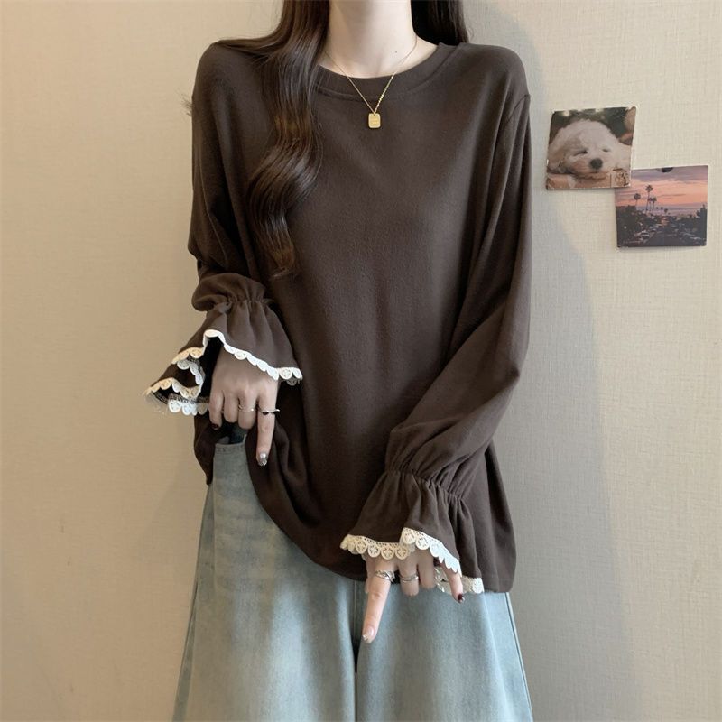 Plus Size Design Lace Sleeve Long Sleeve Top for Women Autumn and Winter 2025 New Fat mm Loose Slimming Look Bottoming Shirt for Women