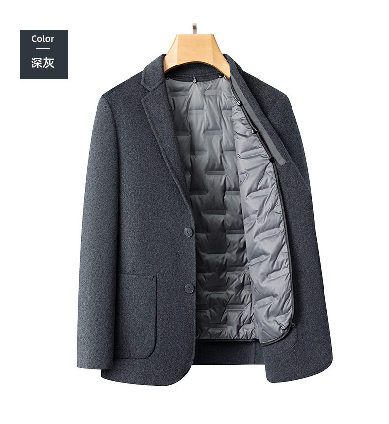 Áo vest nam dạ len hai mặt có lớp lót lông vũ tháo rời, tay dài, cổ vest — Cà phê xám, màu xám đậm, đen chi tiết 15