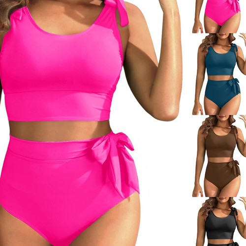 2025 Pure Color Fashionable Two-piece Bikini Women's Sexy High-waisted Sports Swimsuit, European and American Style