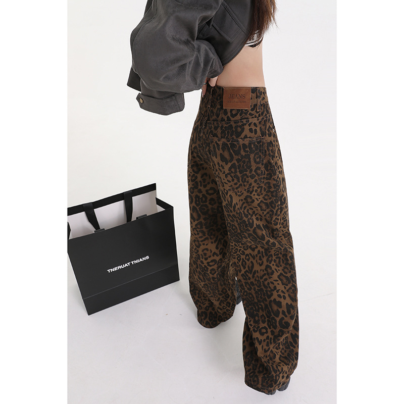 MING HAI 미국 스타일 빈티지 스파이스 소녀 레오파드 무늬 느슨한 넓은 다리 바지 틈새 캐주얼 와이드 다리 스트레이트 청바지 여성