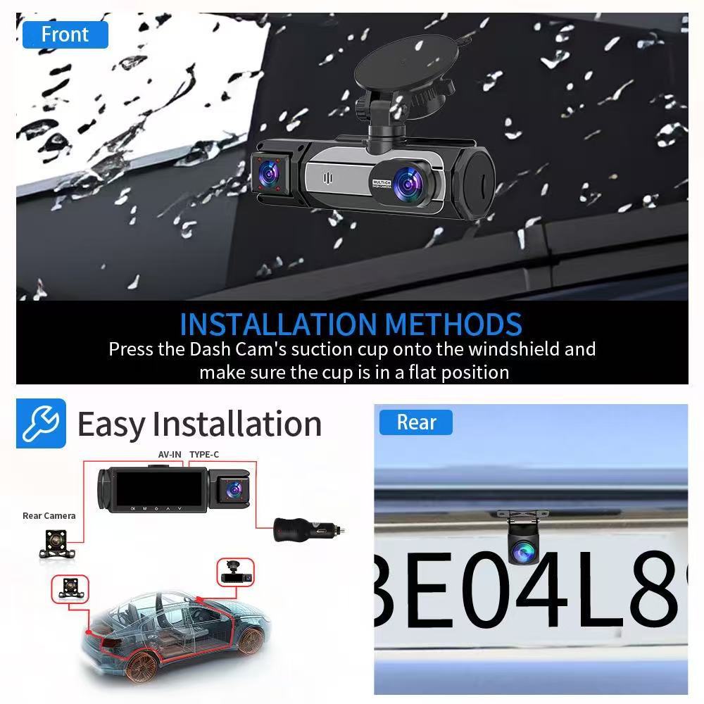 Three-lens dashcam for ride-sharing services with WiFi connectivity, infrared night vision, wide-angle, and in-car synchronized recording