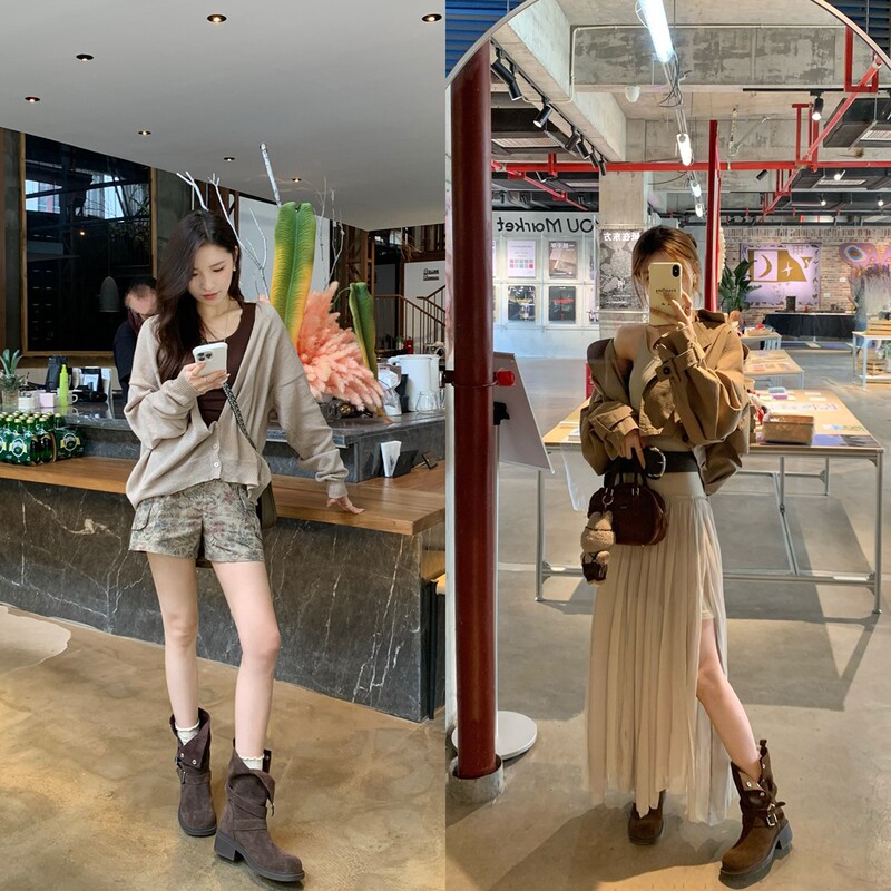 增高5.5cm~ 2025秋季新款美拉德复古粗跟厚底扣带牛反绒短筒靴女|undefined