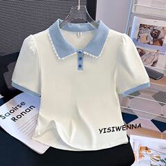 大码正肩短袖t恤女夏季2025新款胖mm假两件娃娃领上衣洋气