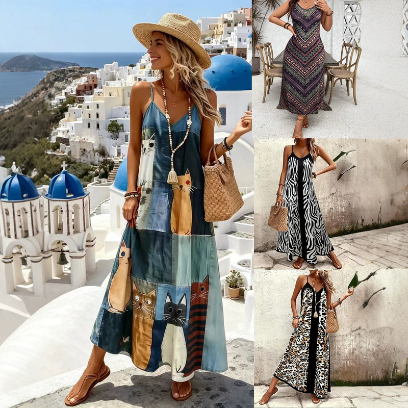 Summer New Women's Bohemian Suspender Dress Geometric Stripes Leopard Print Ethnic Style Loose Fit