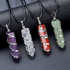 1648-天然水晶半寶石六角柱螺旋繞線吊墜 單尖水晶柱繞絲吊墜項鍊