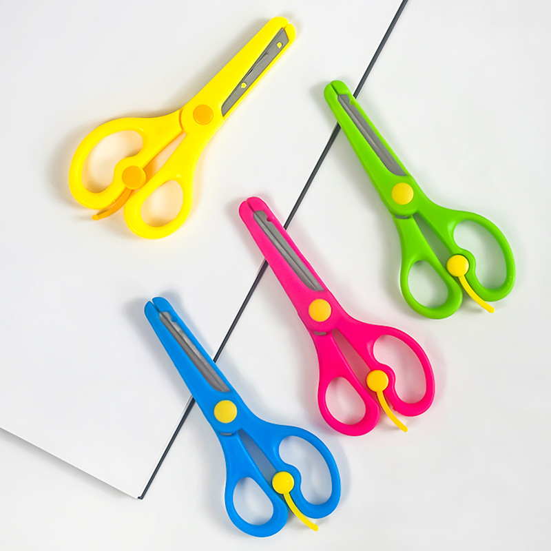 Factory wholesale children's effortless elastic DIY scissors with plastic edge and rounded tip, non-slip DIY handicraft paper cutting scissors