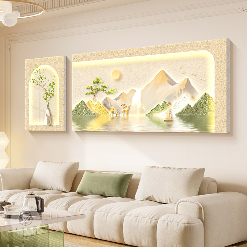 Pintura decorativa de la sala de estar de viento crema Sunshine Jinshan sofá fondo pintura de pared colgante paisaje tridimensional de alto nivel dos murales