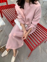 韩国chic秋冬简约慵懒风圆领宽松休闲加绒长袖卫衣连衣裙长裙