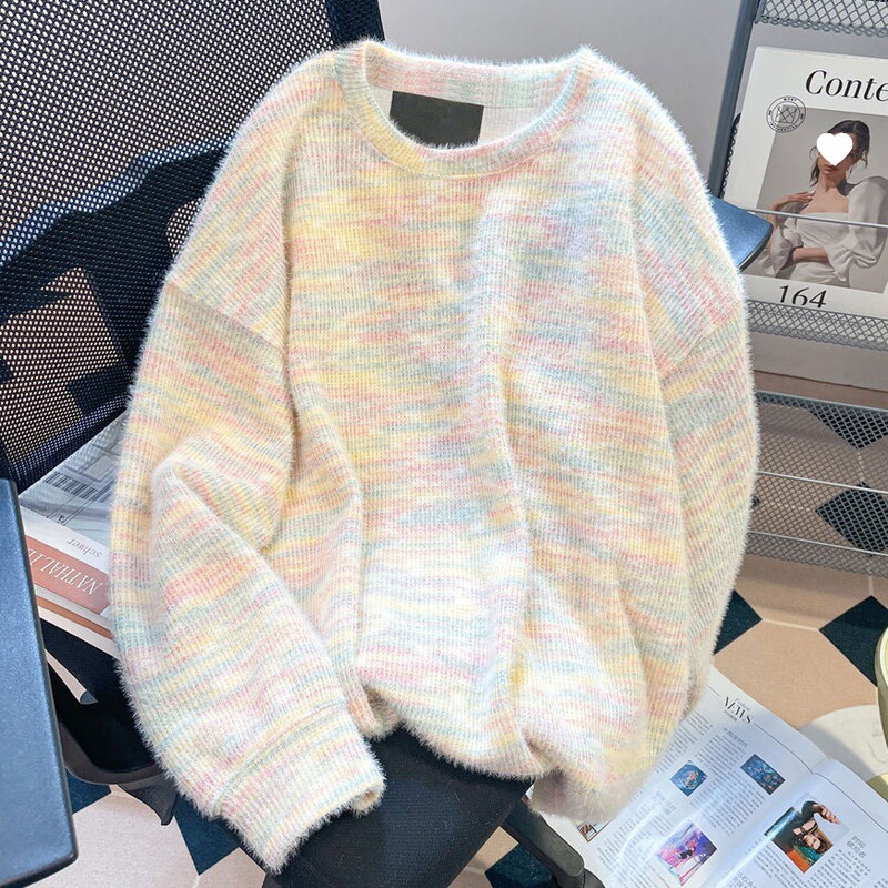 Gentle Age-Reducing Rainbow Knitted Round Neck Sweater for Women in Autumn and Winter New Soft and Waxy Loose Lazy Sweatshirt for Women Ins Fleece-Lined