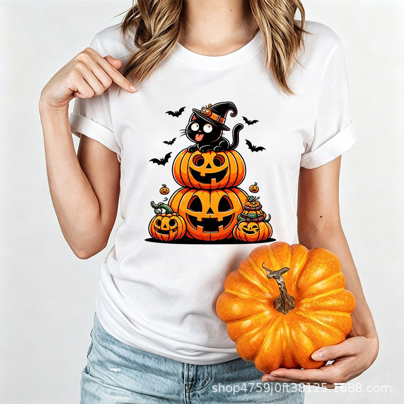 Cross-border Halloween T-shirt, featuring a witch hat, black cat, stacked pumpkins, and bat print, short-sleeved, modal fabric, 60912-1