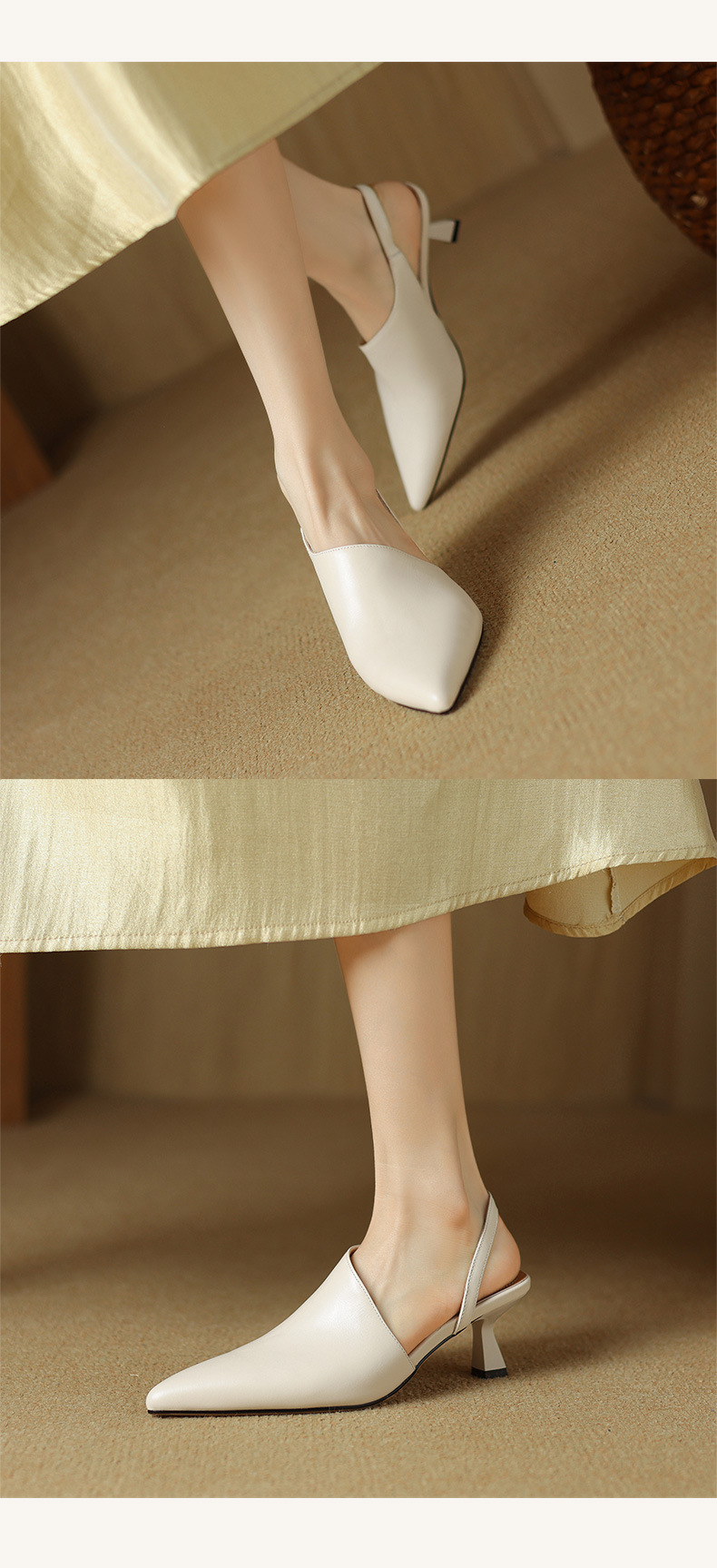 Giày sandal cao gót nữ mũi nhọn kiểu Pháp, da bò thật, gót mèo, hở mũi hở lưng — đen chi tiết 10