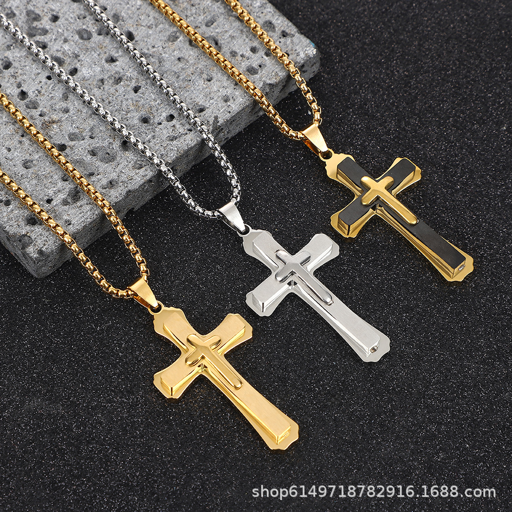 Cross-Border Amazon Best-Selling Stainless Steel Cross Necklace Pendant Men's Hip-Hop European and American High-End Trendy Men's Personalized Accessories