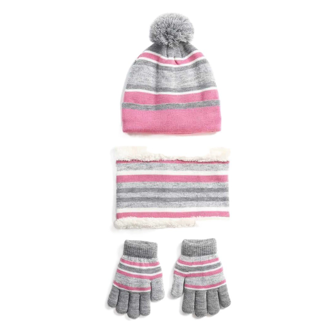 Зимние перчатки для мальчиков и девочек, утепленные и защищающие от холода, вязаная шапка с флисовой подкладкой, шарф, комплект из трех предметов: шапка, шарф и перчатки.