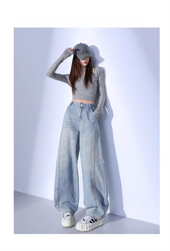 Quần jean nữ cạp cao ống đứng ống rộng phong cách giản dị mùa thu — Quần crop màu xanh nhạt dành cho chiều cao dưới 158cm., Màu xanh nhạt, được khuyên dùng cho chiều cao từ 164cm (5'4") trở lên., Quần màu xanh nhạt khuyến nghị 158-164cm chi tiết 13