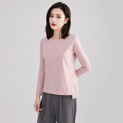 レディース長袖インナーシャツ、純綿秋トップス、韓国風ラウンドネック、ゆったりとした女性用無地シンプルストライプ、外着としても快適