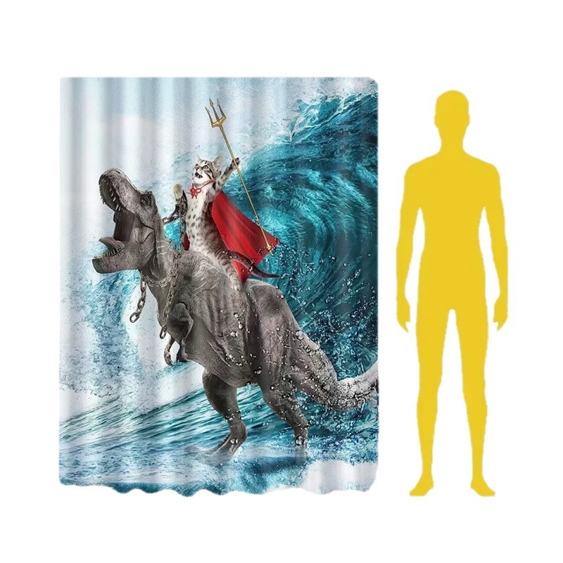Divertida cortina de baño valiente gato sostiene tridente flecha montar tiburones en las olas ballenas gatos cortina de baño conjunto baño