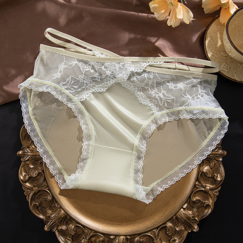 Ropa interior de malla de encaje puro francés mujer sexy banda hueca ligera de lujo doble piel agradable para la piel chica de cintura media entrepierna antibacteriana