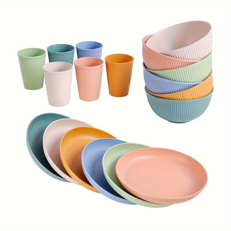 Younis cross-border wheat straw striped Bowl Cup Plate 18-piece plastic family microwave oven tableware suit