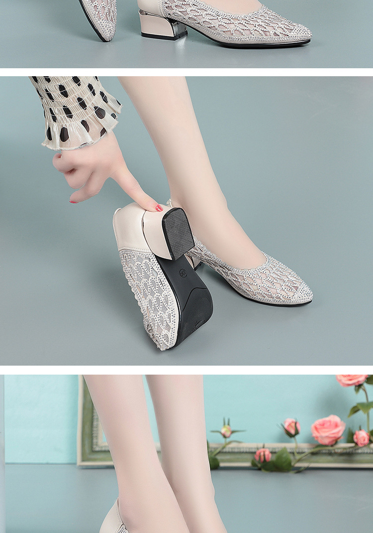 Sandal nữ quai chữ V gót dày đế mềm lưới thoáng khí — Tro gạo chi tiết 15