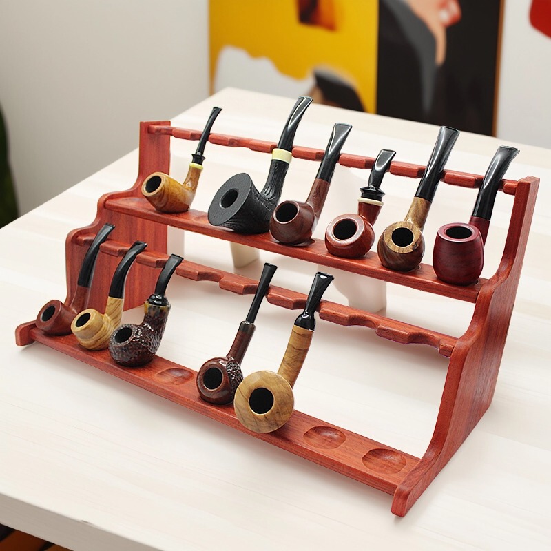Double-Layer Pipe Rack, Antique Collection Pipe Display Rack, Pipe Exhibition Solid Wood Rack, 16-Bit Base Bracket Double-Layer Pipe Rack, Antique Collection Pipe Display Rack, Pipe Exhibition Solid Wood Rack, 16-Bit Base Bracket