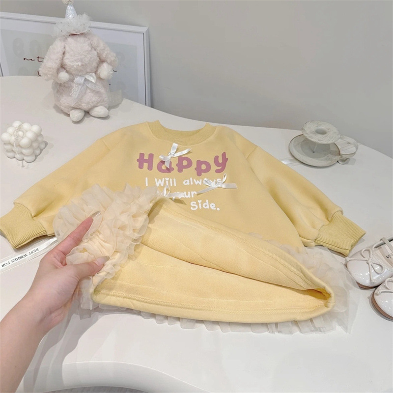 Vestido de niñas otoño y invierno letras extranjeras impresión arco y camisa de lana vestido de malla para niños