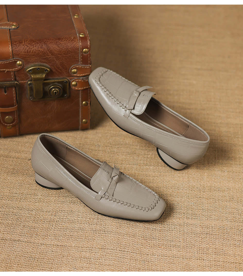 Giày lười nữ da cừu gót thấp 3 cm, mũi tròn dệt vintage, cổ sâu — đen chi tiết 17