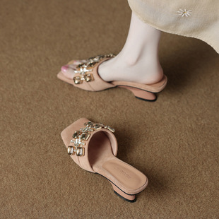 Sheepskin Version 899-18 Elegant Slippers for Women Summer Outer Wear 2025 New Rhinestone Sandals One-Line Sandals