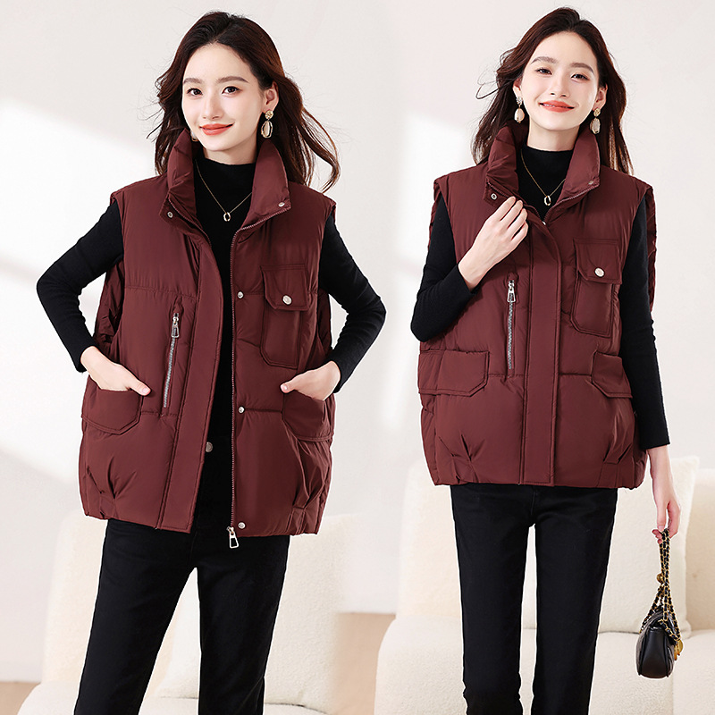 Invierno nuevo color sólido moda casual versátil delgado suelto cuello de pie grueso abrigo de algodón de hombro chaleco