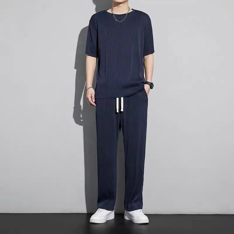 Ice Silk Sports suit Men's Summer Thin 2023 New Casual Long Pants Short-sleeved T-shirt Quick-drying Clothes Set