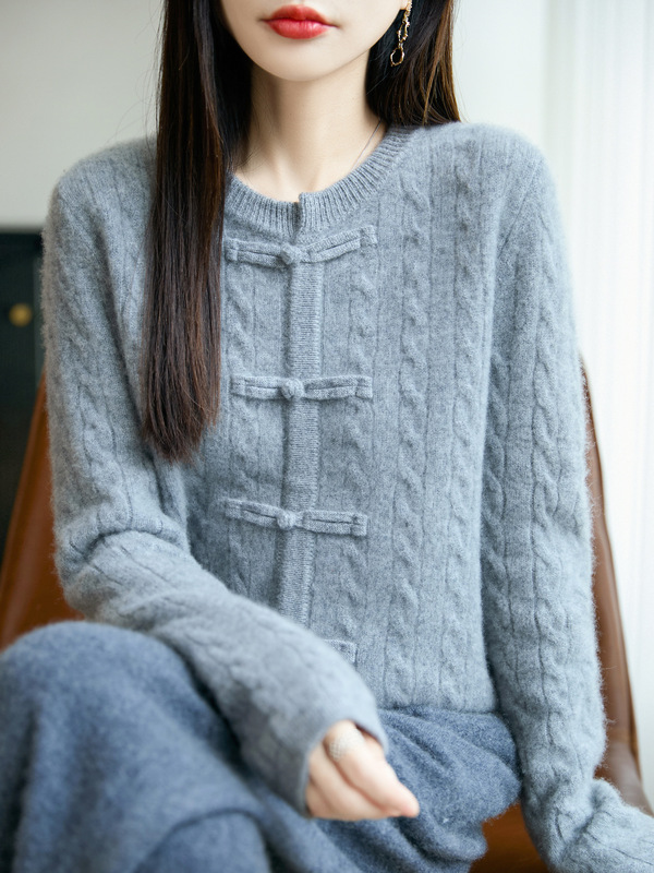 加厚中式盘扣秋冬100羊毛圆领绞花开衫女休闲针织衫显瘦新款毛衣|undefined
