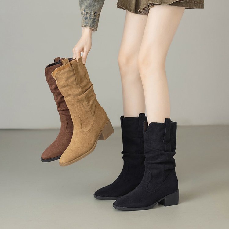 Zapatos de moda de mujer botas de vaquero mujeres 2026 primavera nuevo tacones gruesos pliegues pila botas Martin botas retrógradas botas caballero