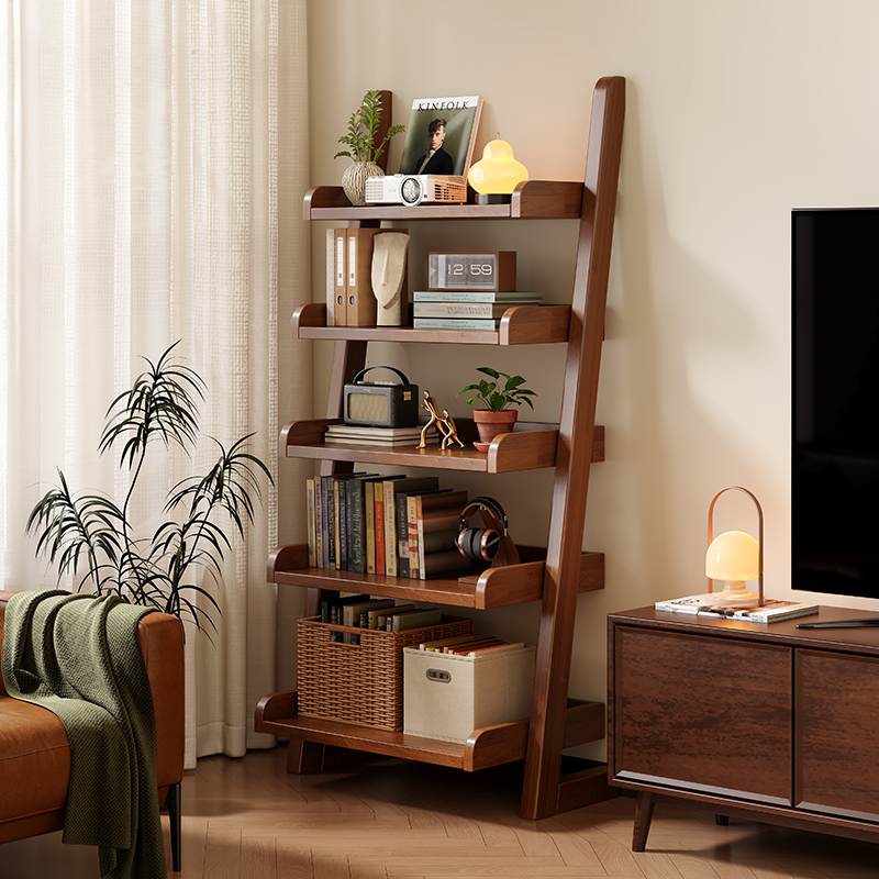 Solid Wood Bookshelf Floor-Standing Storage Rack Living Room Wall-Mounted Ladder-Shaped Storage Display Next to Tv Cabinet Light Luxury Mid-Century Style Bookcase