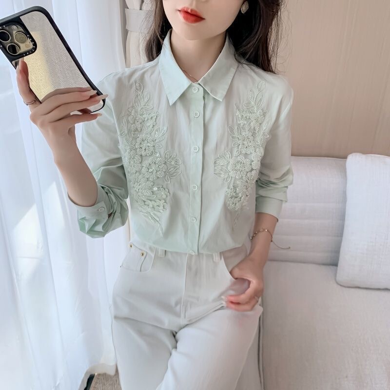 2026 Autumn New Cotton Shirt Women's Long Sleeve Floral Embroidery Artistic Fresh Pure Cotton Shirt Polo Collar Top