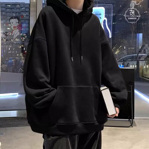 American casual basic style solid color hooded hooded hoodie men's autumn and winter fashion brand velvet loose burgundy top coat