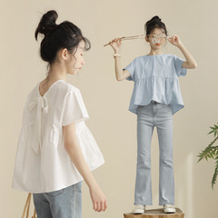 Baby Girl Doll Shirt Summer Medium and Large Children Design Sense Small Brand Blue Sweet Top Parent-Child Set Cotton Cross-border Instagram Dropshipping