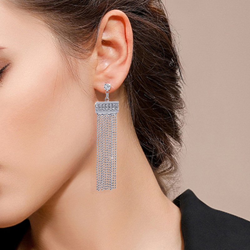 New Korean version of round bead chain tassel earrings long rhinestone simple earringspicture1