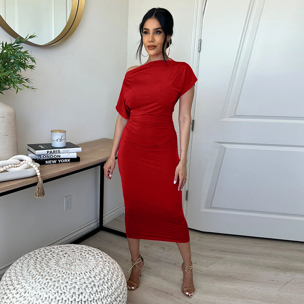 Women Clothing Popular Solid Color Pleated Slim-Fit Oblique Shoulder Dress 12 Women Clothing Popular Solid Color Pleated Slim-Fit Oblique Shoulder Dress