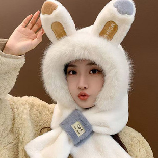 Little Rabbit Ear Hat Scarf All-in-One Hat Women's Winter Plush 2024 New Arrival Scarf Two-piece Suit