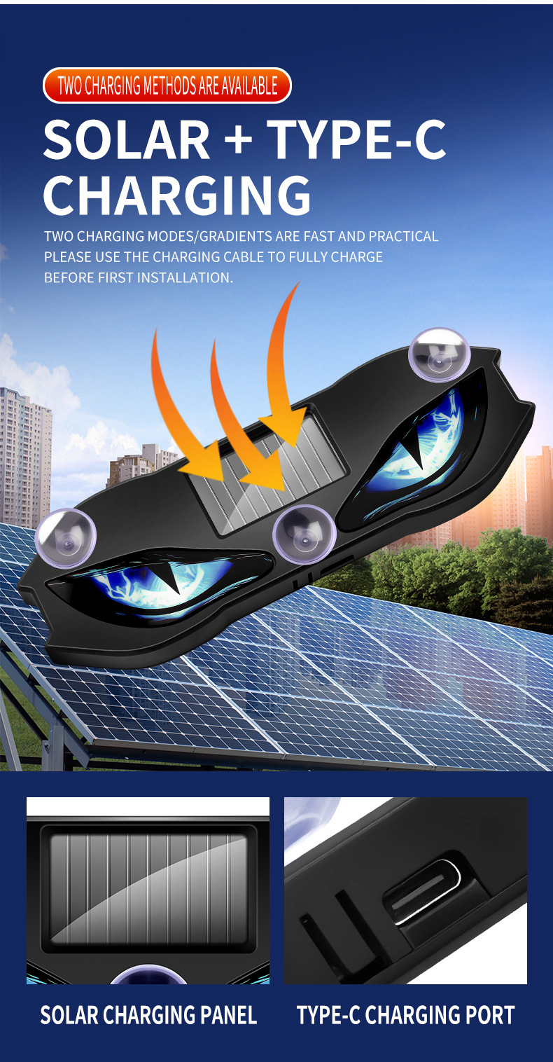 Solar-Powered Car Devil's Eye LED Ambient Light, Wireless Suction Cup Dynamic Expression Light, Red, Blue, Green Tri-Color Available