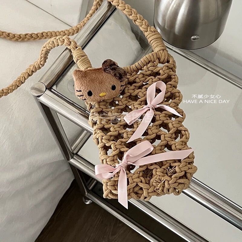 Summer Vacation Style Handmade Woven Crossbody Bag for Women, Cute Leopard Print Kitten Pendant, Hollow-Out Phone Bag, Niche Ins Style