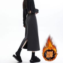 灰色后开叉毛呢裙女秋冬加绒高腰中长款包臀裙直筒显瘦字半身裙