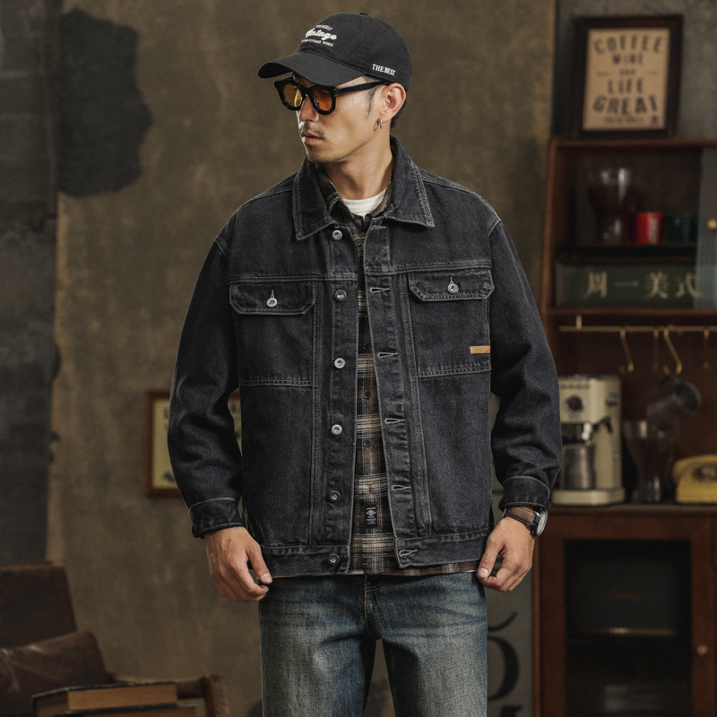 American Retro Workwear Denim Jacket Men's New Handsome Washed Distressed Bomber Jacket Autumn and Winter Men's Clothing American Retro Workwear Denim Jacket Men's New Handsome Washed Distressed Bomber Jacket Autumn and Winter Men's Clothing