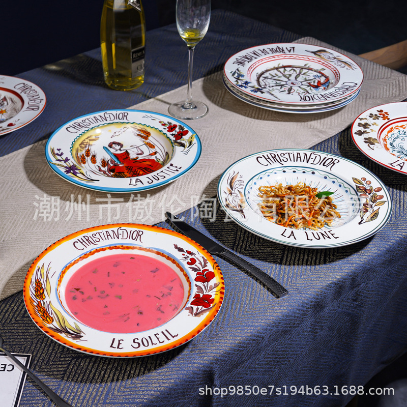 New Tarot Series 10inch Straw Hat Bowl High-End Household Ceramic Soup Bowl Deep Plate Creative Noodle Plate Four-Piece Set