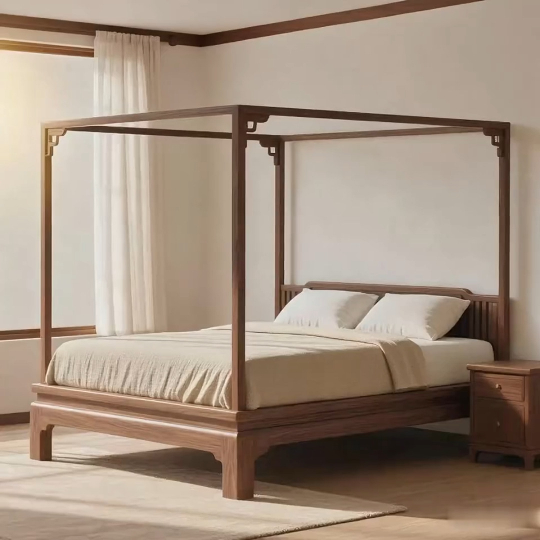New Chinese Style North American Black Walnut Minimalist Frame Bed Song Style Aesthetic All Solid Wood Four-Poster Double Bed