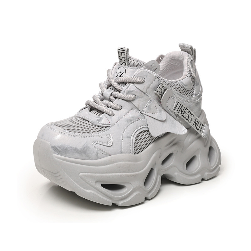 Giày sneaker nữ đế dày chunky lưới thoáng khí, tăng chiều cao 10.5 cm — màu trắng