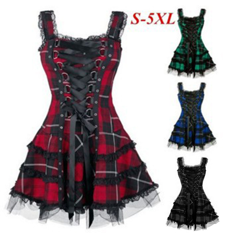European and American Printed dress Gothic Halloween Mid-Skirt Lace Sling Sentimental High Waist Spice dress