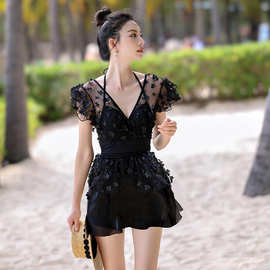 2023夏季新款仙女范裙子连体平角裤钢托聚拢蕾丝拼接性感游泳衣女