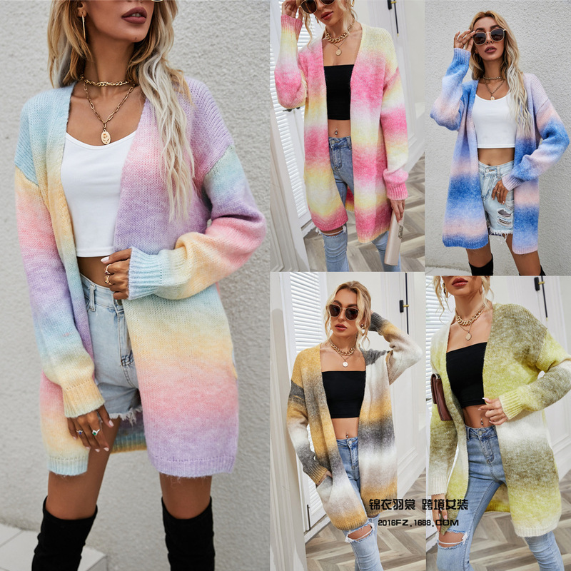 2026 Winter European and American Foreign Trade Cross-Border Sweater Rainbow Tie-Dye Mid-Length Loose Cardigan Women's Knitted Sweater Jacket