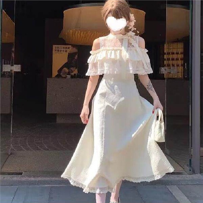 Lace Sweet Design Cape Dress, Elegant Summer New Style, Bow-Tie Short-Sleeved Waist-Cinching Slimming Long Dress Lace Sweet Design Cape Dress, Elegant Summer New Style, Bow-Tie Short-Sleeved Waist-Cinching Slimming Long Dress